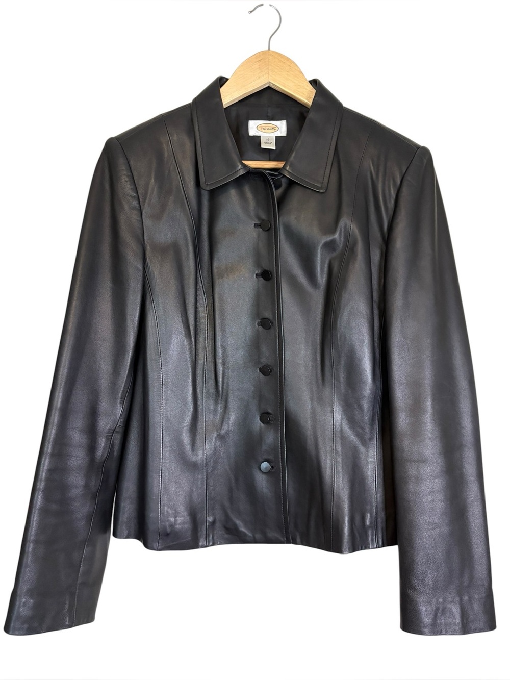 Talbots Women’s Black Genuine Leather Button-Front Jacket Size 10 Blazer Coat